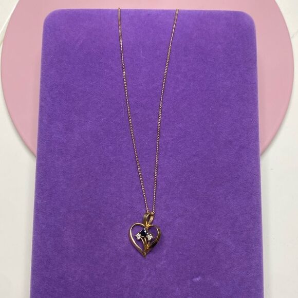 💛 Vintage 10k Yellow Gold Diamond & Sapphire Heart Necklace - Picture 3 of 7